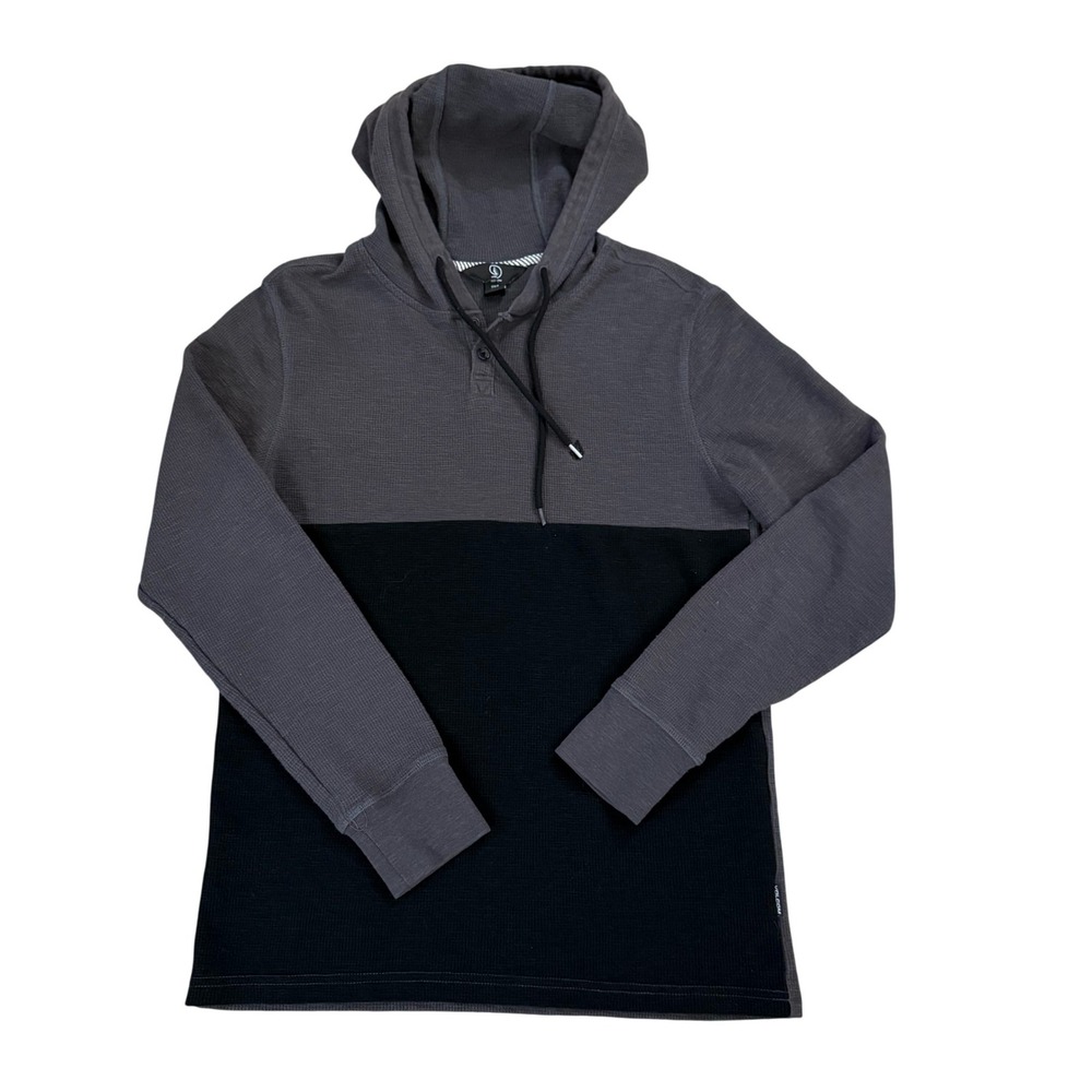 Volcom Mens Small S Gray Black Waffle Knit Hoodie Pullover Long‎ Sleeve